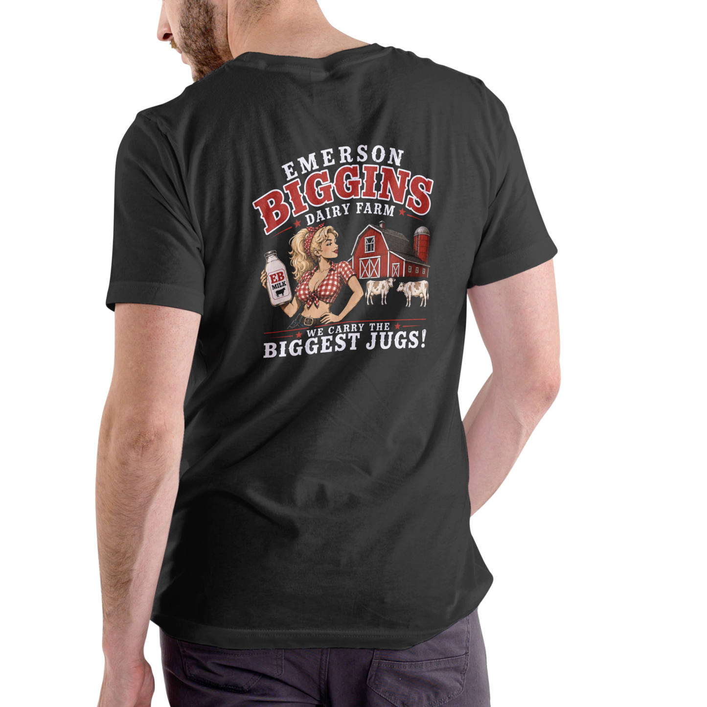 Emerson Biggins Dairy Farm – "We Carry the Biggest Jugs" Funny Unisex Cotton Crew T-Shirt