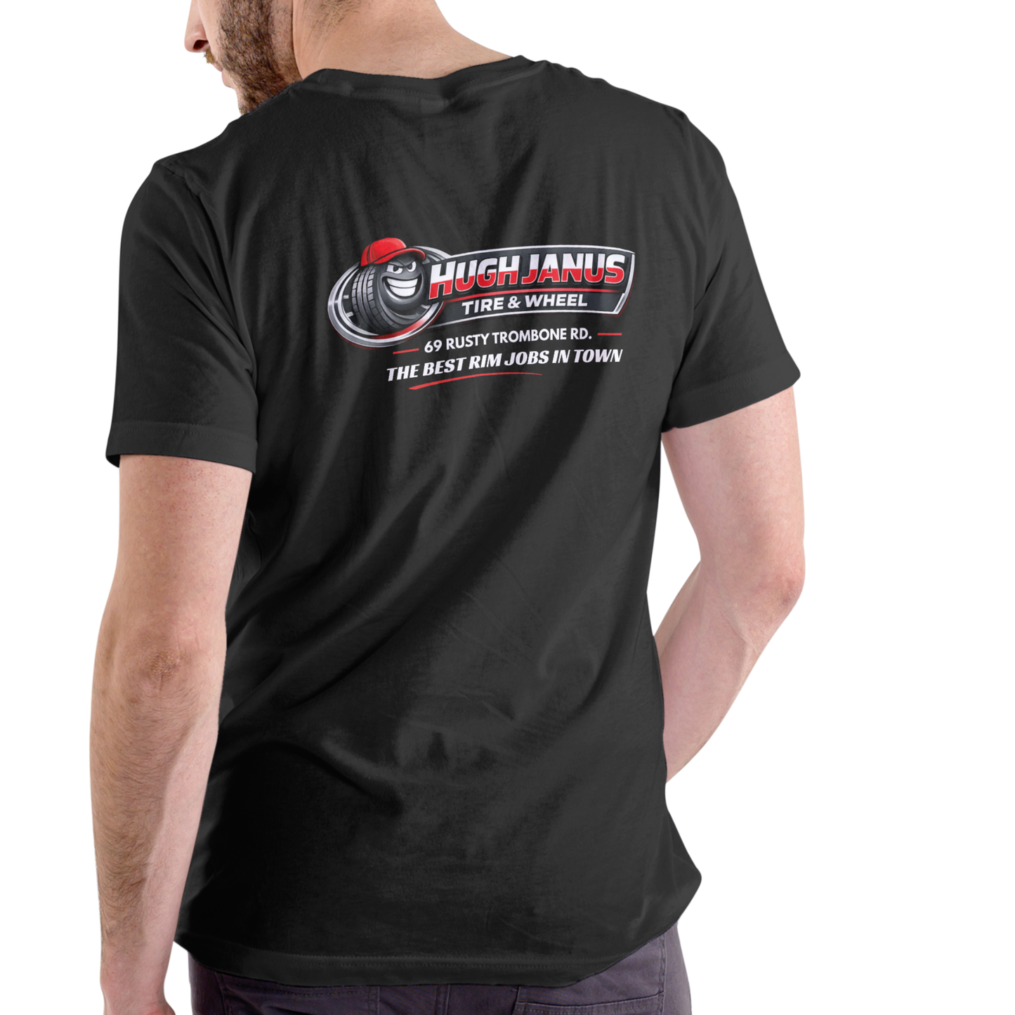 Hugh Janus Tire and Wheel – Funny Unisex Cotton T-Shirt