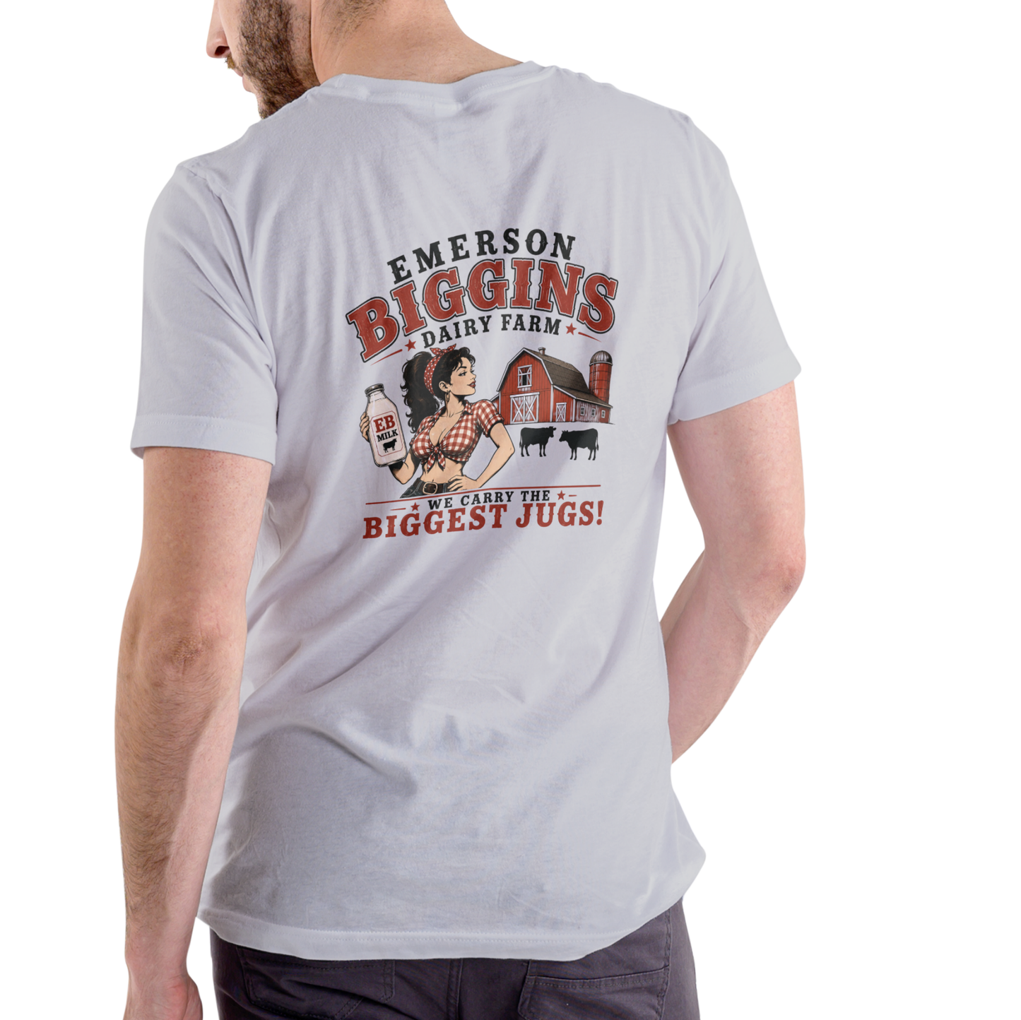 Emerson Biggins Dairy Farm – "We Carry the Biggest Jugs" Funny Unisex Cotton Crew T-Shirt