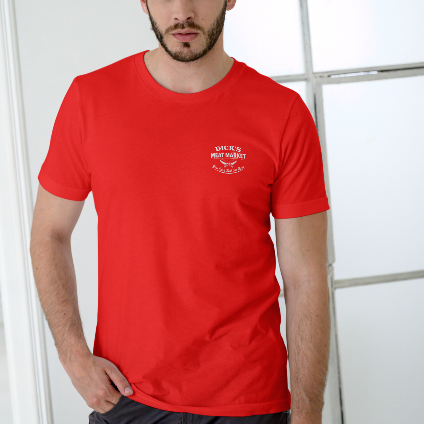 Dick’s Meat Market “You Can’t Beat Our Meat” Funny T-Shirt – Unisex Cotton Graphic Tee