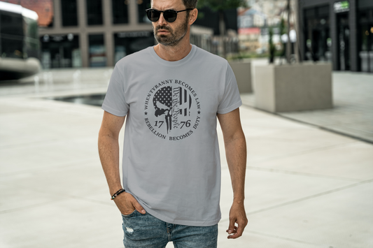Short sleeve shirt. WHEN TYRANNY BECOMES LAW REBELLION BECOMES DUTY