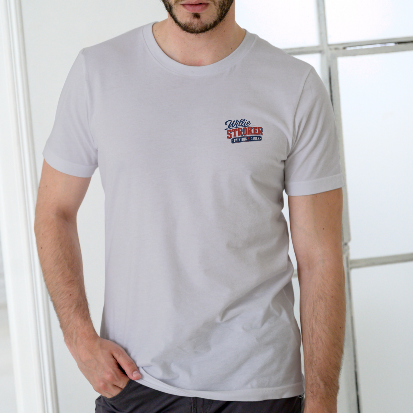 Willie Stroker Painting Caulk T-Shirt. Unisex Cotton