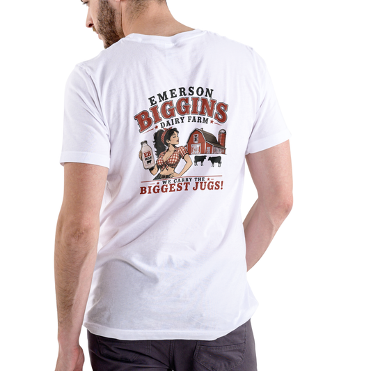 Emerson Biggins Dairy Farm – "We Carry the Biggest Jugs" Funny Unisex Cotton Crew T-Shirt