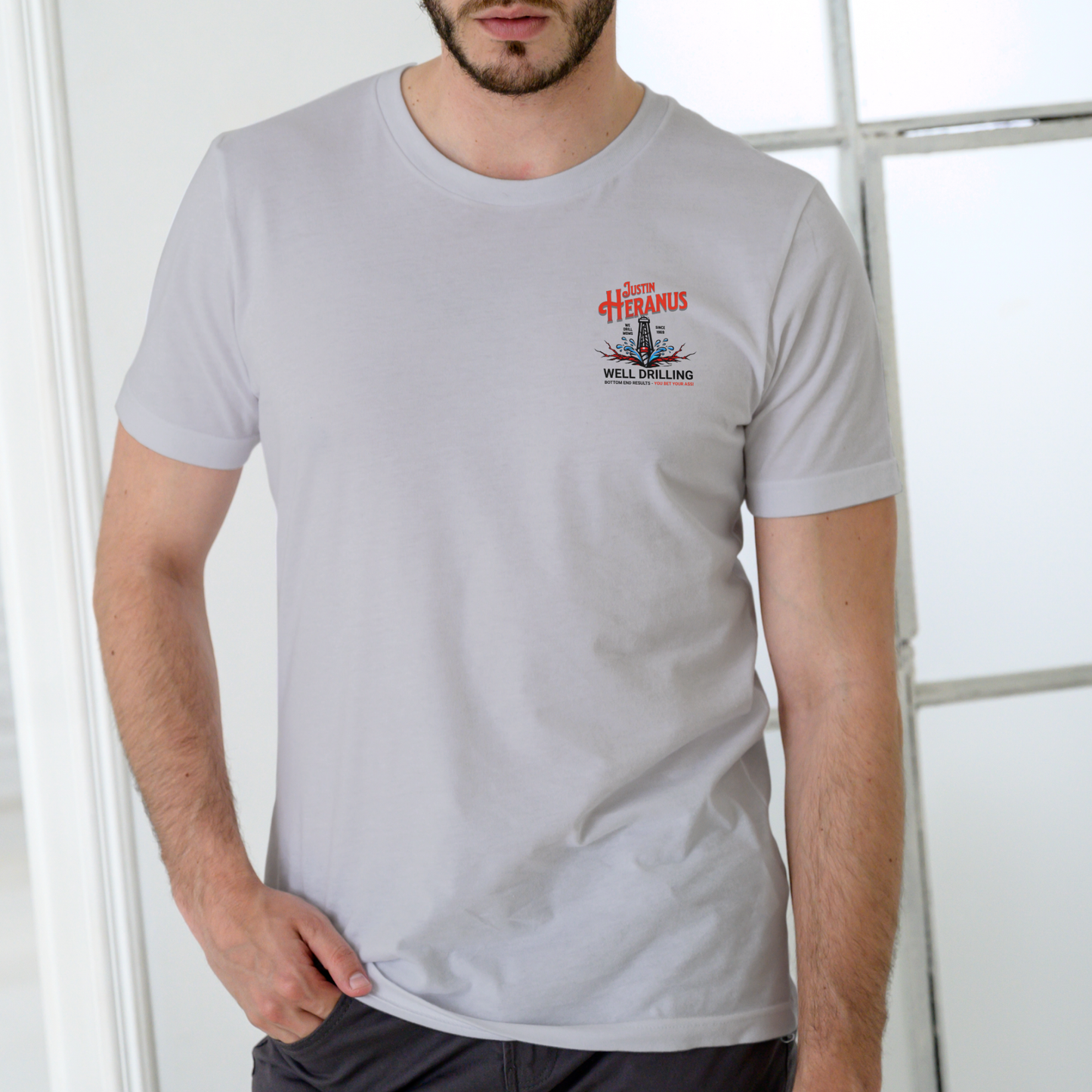 JUSTIN HERANUS WELL DRILLING Funny name T Shirt, Unisex Cotton