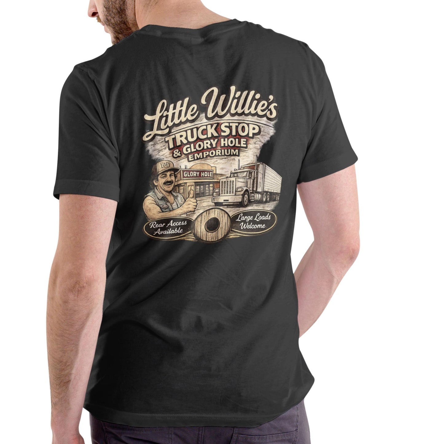 LITTLE WILLIES TRUCK STOP AND GLORY HOLE EMPORIUM Funny T Shirt, Unisex Cotton