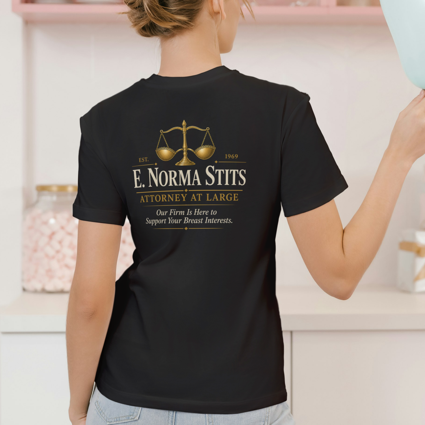 E NORMA STITS ATTORNEY AT LARGE Funny T Shirt, Unisex Cotton