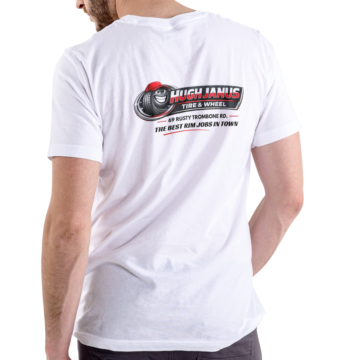 Hugh Janus Tire and Wheel – Funny Unisex Cotton T-Shirt
