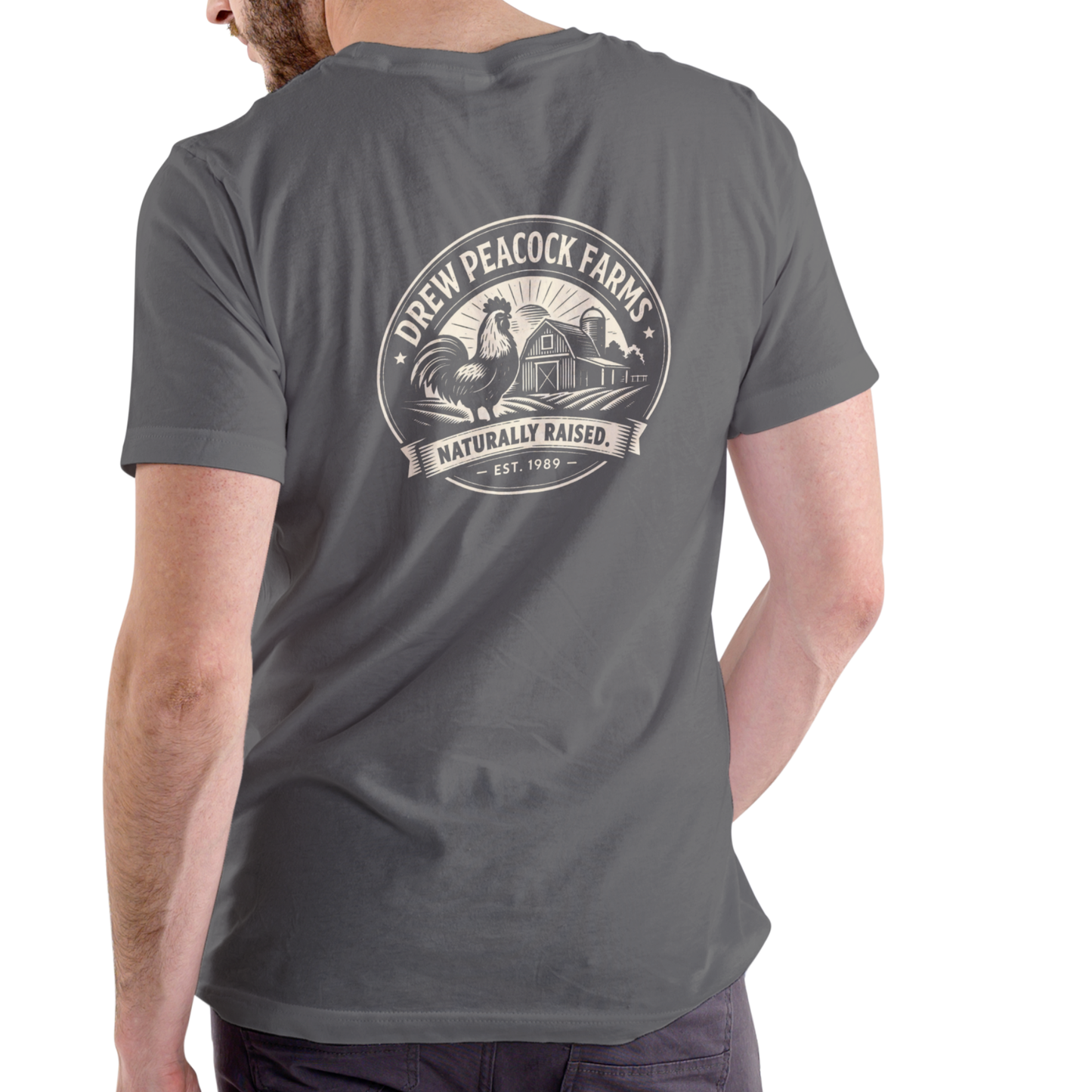 DREW PEACOCK FARMS NATURALLY RAISED Funny Name T-Shirt | Unisex Cotton