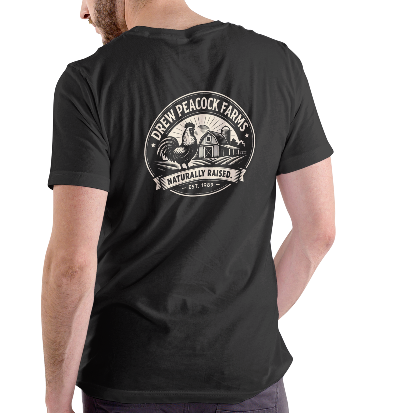 DREW PEACOCK FARMS NATURALLY RAISED Funny Name T-Shirt | Unisex Cotton